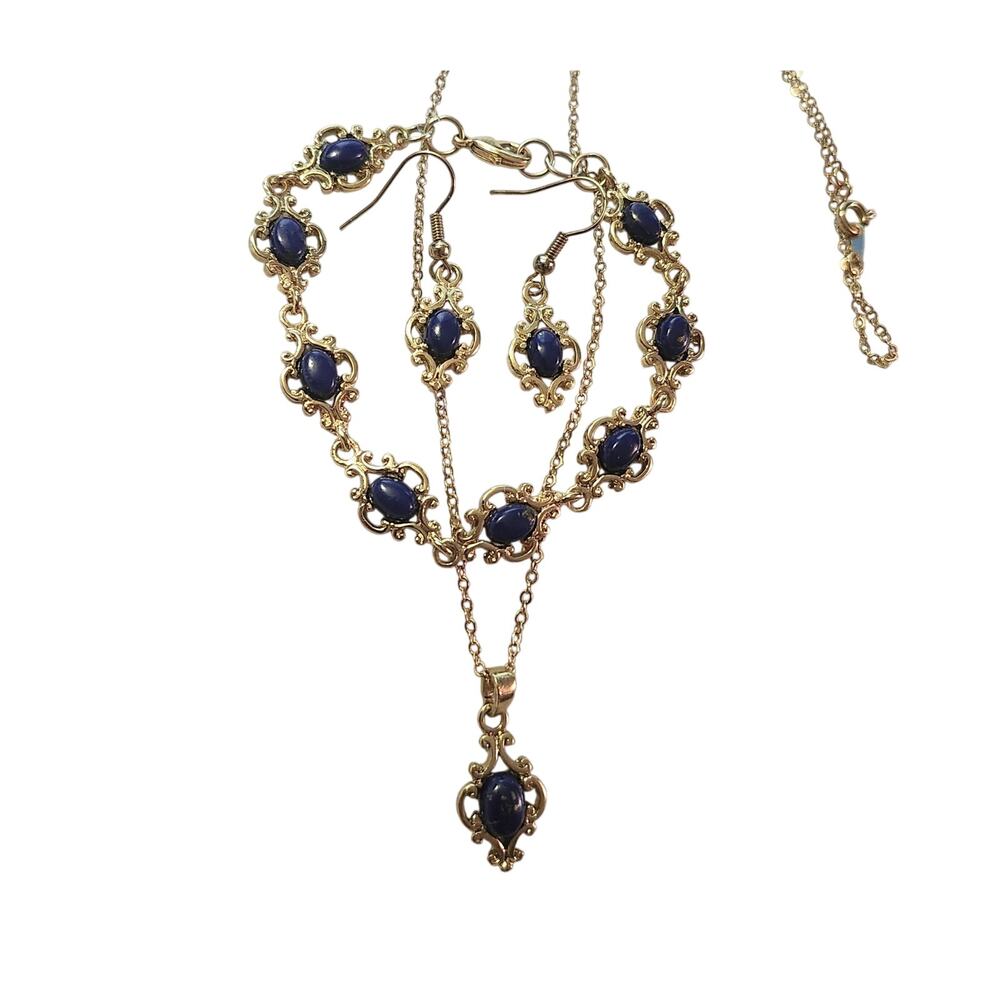 Vintage  Gold Plated Filigree  Glass Faux Lapis Necklace Bracelet & Earrings Set